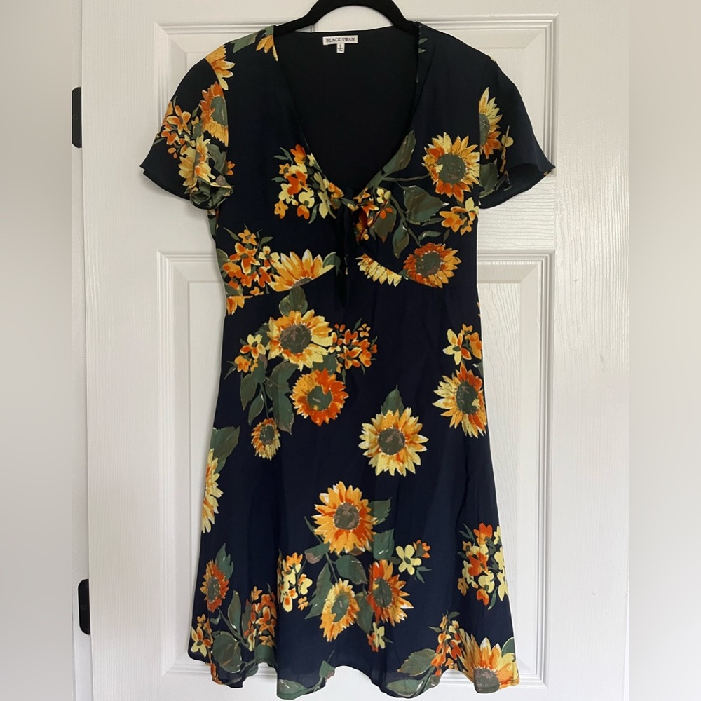 Lulus Black Swan Sunflower Sundress with Tie Front